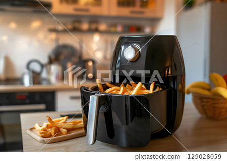Modern black air fryer cooking crispy golden French fries on a kitchen counter 129028059