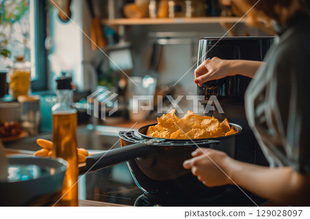 Woman is using a modern air fryer to cook delicious and crispy food in her kitchen 129028097