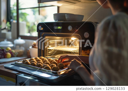 Woman is baking cookies in a modern oven, enjoying the warm atmosphere of her kitchen 129028133