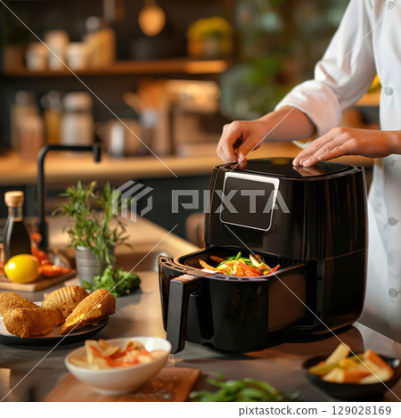 Chef is closing a digital air fryer full of vegetables, cooking a healthy meal in a modern kitchen Chef is closing a digital air fryer full of vegetables, cooking a healthy meal in a modern kitchen 129028169