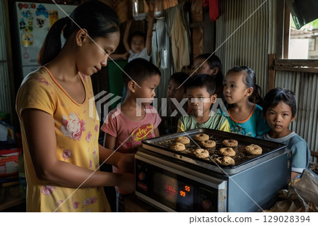 Homemaker is baking cookies in a small electric oven while surrounded by children eagerly watching the process 129028394