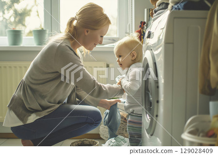 Young mother is loading clothes into the washing machine while her baby boy stands next to her in the laundry room 129028409