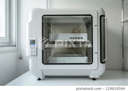 Modern laboratory bacterial incubator with empty trays standing on table in light room 129028564