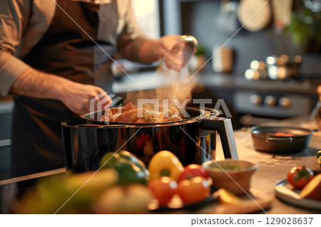 Chef is preparing a healthy meal, cooking a whole chicken in an air fryer, in a modern kitchen Chef is preparing a healthy meal, cooking a whole chicken in an air fryer, in a modern kitchen 129028637