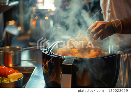 Chef wearing gloves is cooking chicken wings using an air fryer, the image shows a lot of steam coming out of the fryer Chef wearing gloves is cooking chicken wings using an air fryer, the image shows a lot of steam coming out of the fryer 129028639