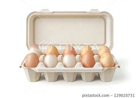 Open carton made of recycled cardboard holding ten brown and white eggs, revealing their natural color variations 129028731