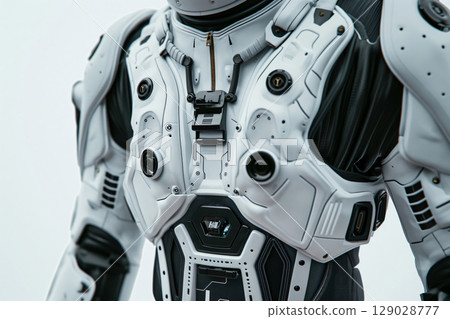 Close up of a futuristic space suit chestplate, showcasing advanced technology and intricate design 129028777