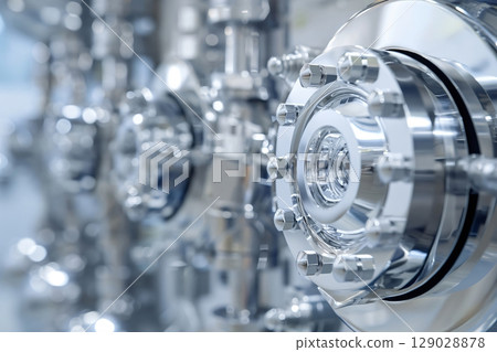 Shiny steel chemical reaction chamber with lots of bolts and pipes, the image is reflecting the lab environment 129028878
