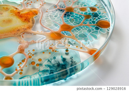 Close up of a petri dish containing a colorful bacteria culture growing in a laboratory setting Close up of a petri dish containing a colorful bacteria culture growing in a laboratory setting 129028916