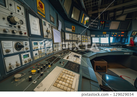 Control room of a nuclear power plant showing analog technology with many buttons, dials and screens 129029034