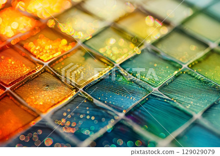 Colorful mosaic tiles are sparkling with golden glitter and bokeh, creating a luxurious and festive background 129029079