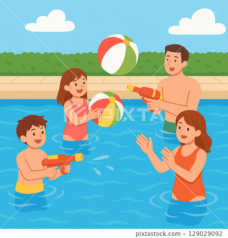 一家人在泳池邊玩耍的插畫（水槍、沙灘球、夏季休閒用品） 129029092