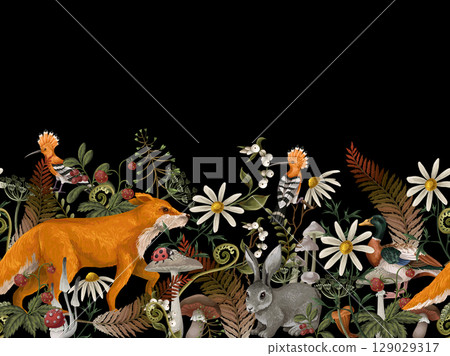 Vector autumn wood border with fox, rabbit and mushrooms 129029317