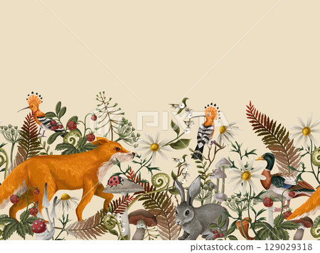 Vector autumn wood border with fox, rabbit and mushrooms 129029318