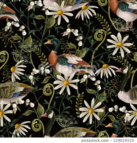 Seamless pattern with ducks, chamomile, fern and other wild flowers. Vector. Seamless pattern with ducks, chamomile, fern and other wild flowers. Vector. 129029319
