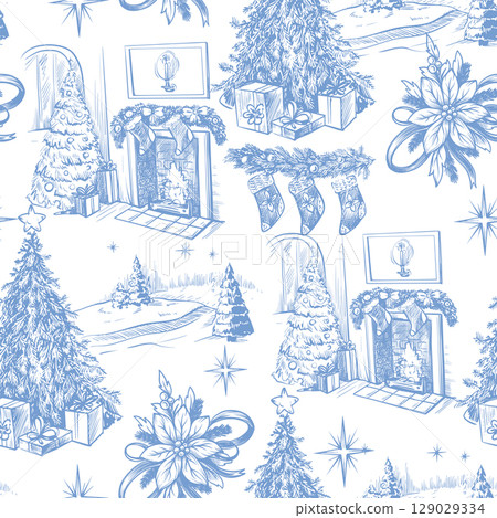 Seamless pattern with Santa, fir trees and other Christmas elements in toile style. Vector. Seamless pattern with Santa, fir trees and other Christmas elements in toile style. Vector. 129029334