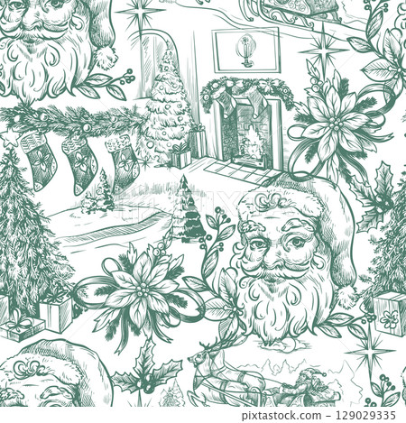 Seamless pattern with Santa, fir trees and other Christmas elements in toile style. Vector. 129029335