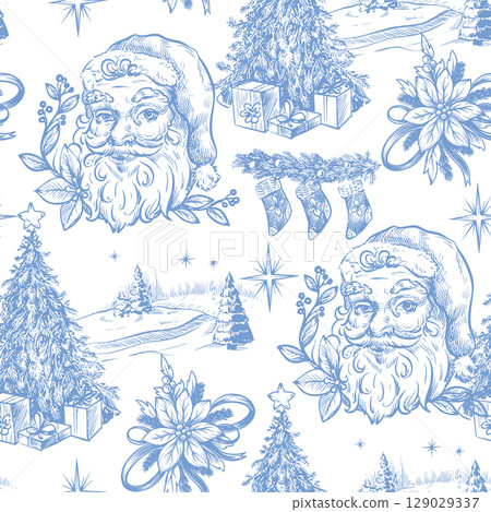 Seamless pattern with Santa, fir trees and other Christmas elements in toile style. Vector. 129029337