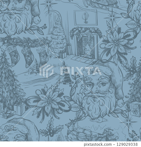 Seamless pattern with Santa, fir trees and other Christmas elements in toile style. Vector. 129029338