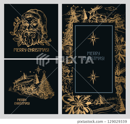 Cards with Santa and other Christmas elements in toile style isolated. Vector. Cards with Santa and other Christmas elements in toile style isolated. Vector. 129029339