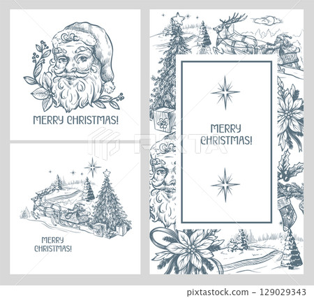 Cards with Santa and other Christmas elements in toile style isolated. Vector. Cards with Santa and other Christmas elements in toile style isolated. Vector. 129029343