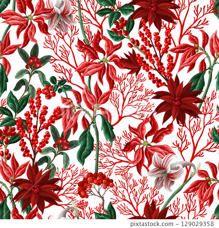 Vector seamless Christmas pattern with bells candy flowers leaves background. Vector seamless Christmas pattern with bells candy flowers leaves background. 129029358