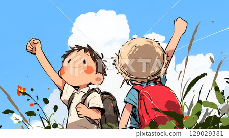 Summer memories from elementary school: Exploring hidden places in the neighborhood (crayon + watercolor style) 129029381