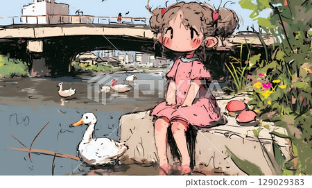 Summer memories of elementary school: Going to the riverside (crayon + watercolor style) 129029383