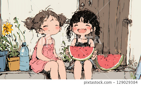 Summer memories from elementary school: Watermelon splitting with close friends (crayon + watercolor style) 129029384
