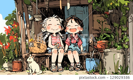 Summer memories from elementary school: Chatting with friends on the veranda (crayon + watercolor style) Summer memories from elementary school: Chatting with friends on the veranda (crayon + watercolor style) 129029386