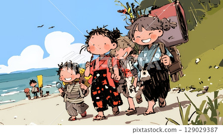 Summer memories from elementary school: Cosplay in old-fashioned outfits (crayon + watercolor style) 129029387