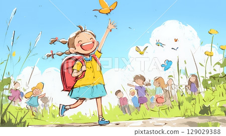 Summer memories from elementary school: Picnic with friends (crayon + watercolor style) Summer memories from elementary school: Picnic with friends (crayon + watercolor style) 129029388