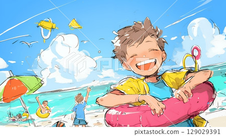 小學的夏天回憶:在海裡游泳(蠟筆+水彩風格) 小學的夏天回憶:在海裡游泳(蠟筆+水彩風格) 129029391