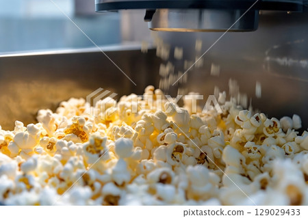 Fresh popcorn is being dispensed from a popcorn machine into a container, creating a delicious snack 129029433