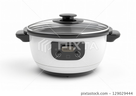 Sleek electric multicooker with a digital timer on a white background, perfect for cooking various meals with ease. Ideal for home chefs seeking convenience and innovation 129029444