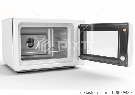 Modern white microwave oven with its door open, showcasing its empty interior and ready to use state Modern white microwave oven with its door open, showcasing its empty interior and ready to use state 129029480