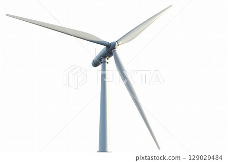 Modern wind turbine standing tall against a white background, symbolizing clean and sustainable energy generation 129029484