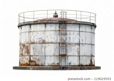 Aging, rusty oil storage tank against a white background, symbolizing the impact of oil production on the environment and global reliance on this fuel source 129029501