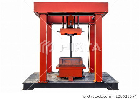 Red hydraulic press machine standing on a white background, industrial equipment for pressing and shaping objects Red hydraulic press machine standing on a white background, industrial equipment for pressing and shaping objects 129029554