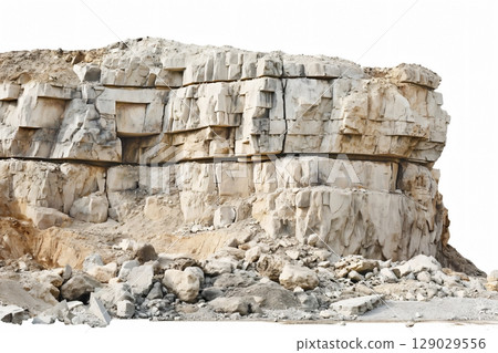 Rugged limestone quarry face is revealing layers of sedimentary rock and rubble at its base Rugged limestone quarry face is revealing layers of sedimentary rock and rubble at its base 129029556
