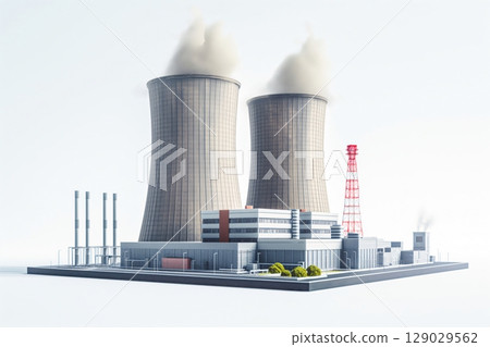 Miniature nuclear power plant generating electricity with smoke coming out of its cooling towers 129029562