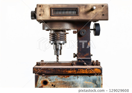 Old, rusty drill press is standing on a white background, showing the wear and tear of many years of use 129029608
