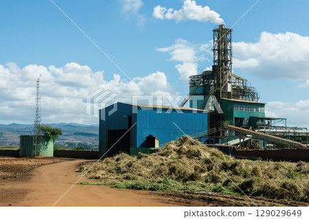 Biomass power plant converting sugar cane waste, called bagasse, into renewable energy, showing the factory and piles of raw material Biomass power plant converting sugar cane waste, called bagasse, into renewable energy, showing the factory and piles of raw material 129029649