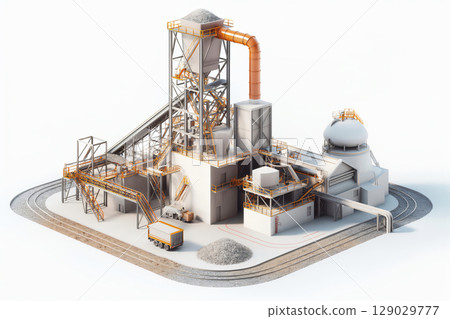 Potash mining facility with industrial buildings, pipelines, and a truck, processing minerals and producing fertilizers 129029777