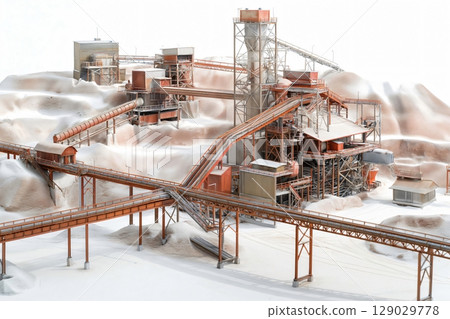 Detailed scale model of a potash mining and processing facility showing the extraction and transportation processes 129029778