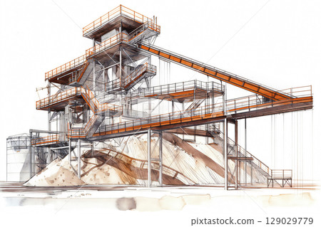 Detailed architectural drawing of a potash mining facility, showing the complex network of conveyors, silos, and processing equipment 129029779