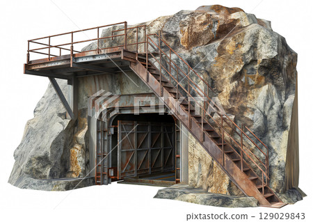 Old mine shaft entrance built into the side of a rock face with rusty stairs leading up to a landing 129029843