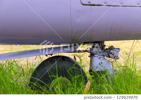 Detailed Close-Up of an Aircraft Landing Gear Surrounded by Lush Green Grass and Nature, Illustrating Aircraft Components and their Functional Aspects 129029970