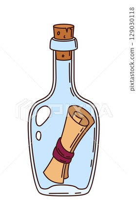 Cartoon groovy glass bottle with a letter, retro pirate object, corsair flask tossed by the sea, clutches a mysterious message. Isolated vector bottle with secret map or note, from adventure story Cartoon groovy glass bottle with a letter, retro pirate object, corsair flask tossed by the sea, clutches a mysterious message. Isolated vector bottle with secret map or note, from adventure story 129030118