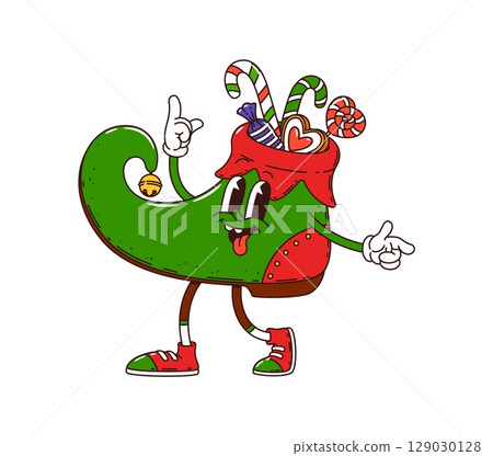 Christmas elf shoe with candies groovy character. Happy New Year vintage cartoon mascot, Christmas elf green shoe with sweet candies isolated vector personage or winter decoration groovy character Christmas elf shoe with candies groovy character. Happy New Year vintage cartoon mascot, Christmas elf green shoe with sweet candies isolated vector personage or winter decoration groovy character 129030128